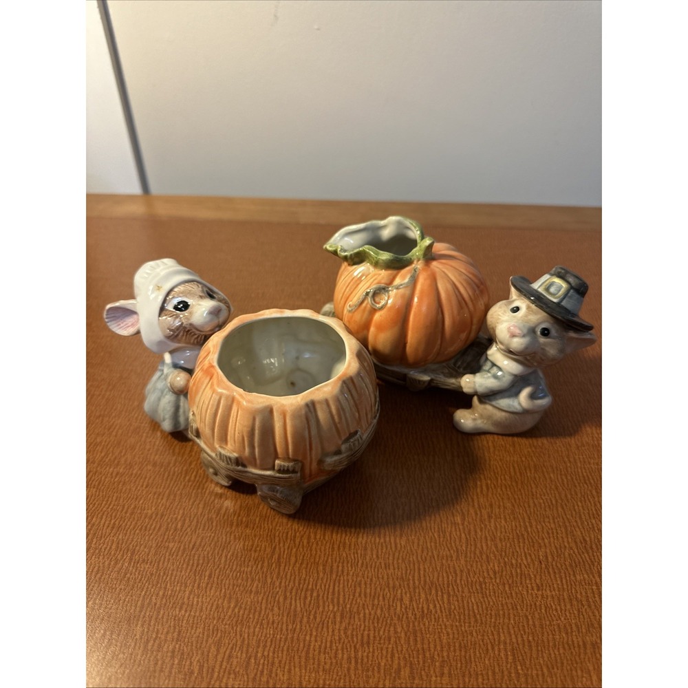 Vintage Fitz and‎ Floyd Mayflower Mouse Pumpkin Creamer & Sugar Set Thanksgiving